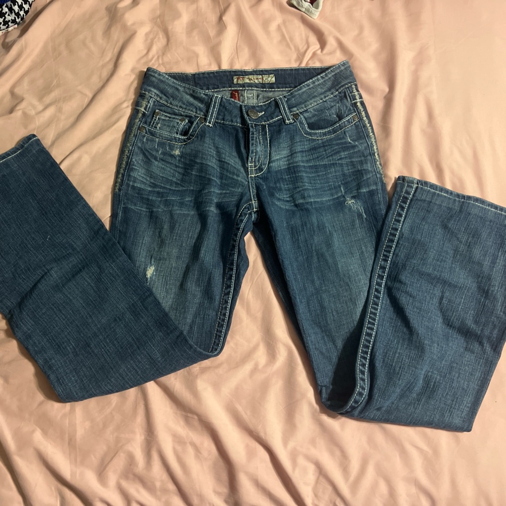 BKE distressed dark wash denim low rise bootcut jeans